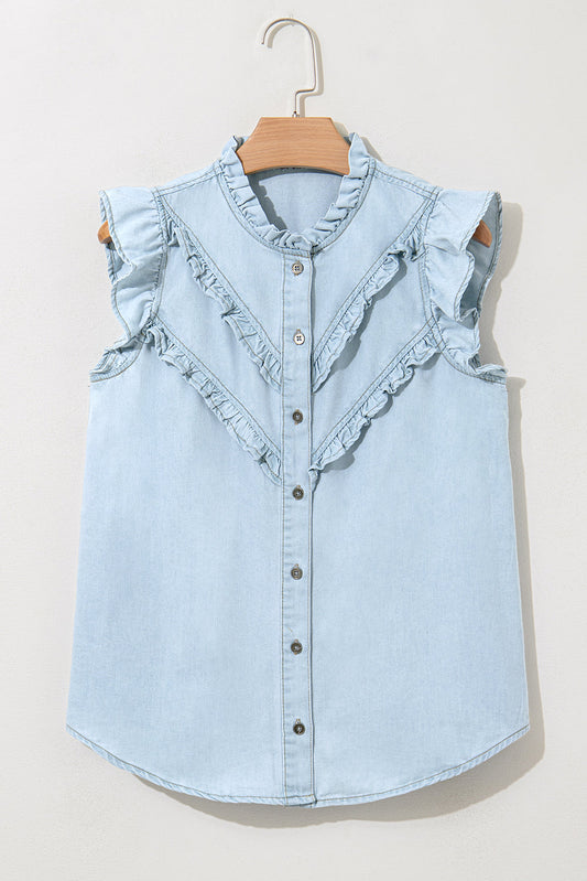 Mazie Mineral Wash Cap Sleeve Frilled Button Up Denim Shirt - Threaded Pear