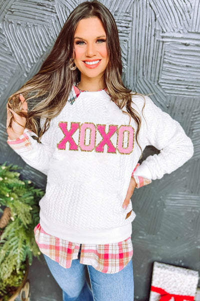 Logan XOXO Glitter Chenille Cable Knit Pullover Sweatshirt by Threaded Pear