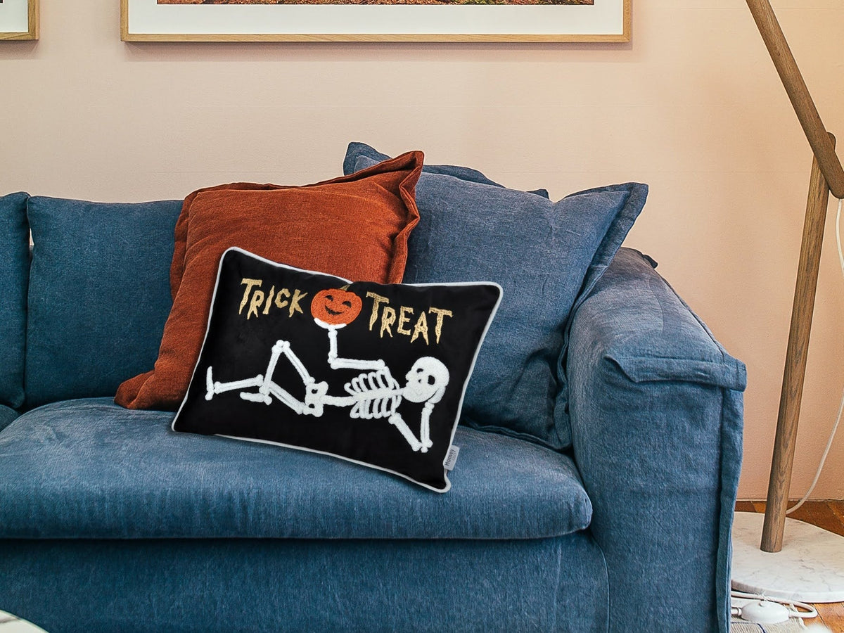 Embroidered Velvet Halloween Skeleton Lumbar Pillow
