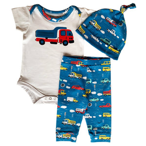 AnnLoren Baby Boys Layette Cars Trucks Onesie Pants Cap 3pc Gift Set Clothing by AnnLoren