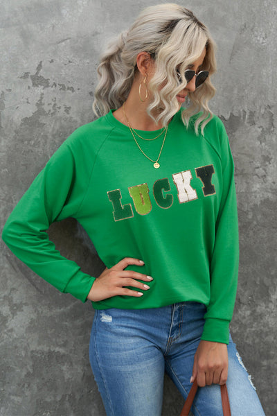 LUCKY Chenille Embroidered Graphic Sweatshirt by Threaded Pear