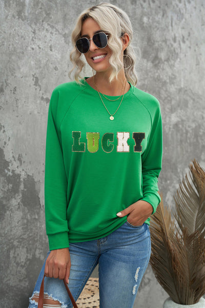 LUCKY Chenille Embroidered Graphic Sweatshirt by Threaded Pear