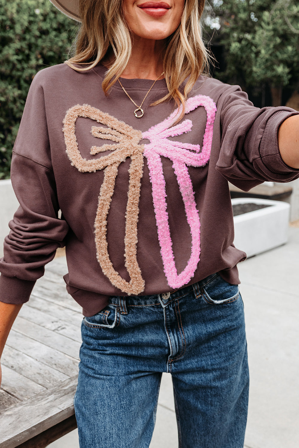 Callie Terry Bow Pattern Drop Shoulder Sweatshirt by Threaded Pear - The Cheeky Wink