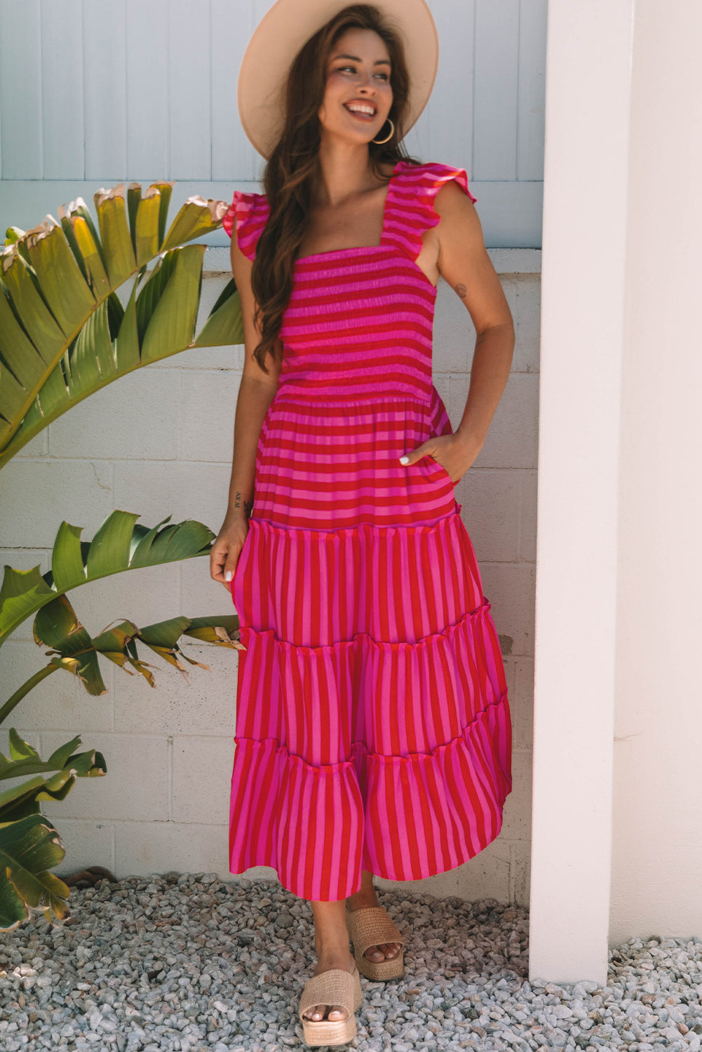 Arisbeth Stripe Flutter Sleeve Maxi Dress by Threaded Pear