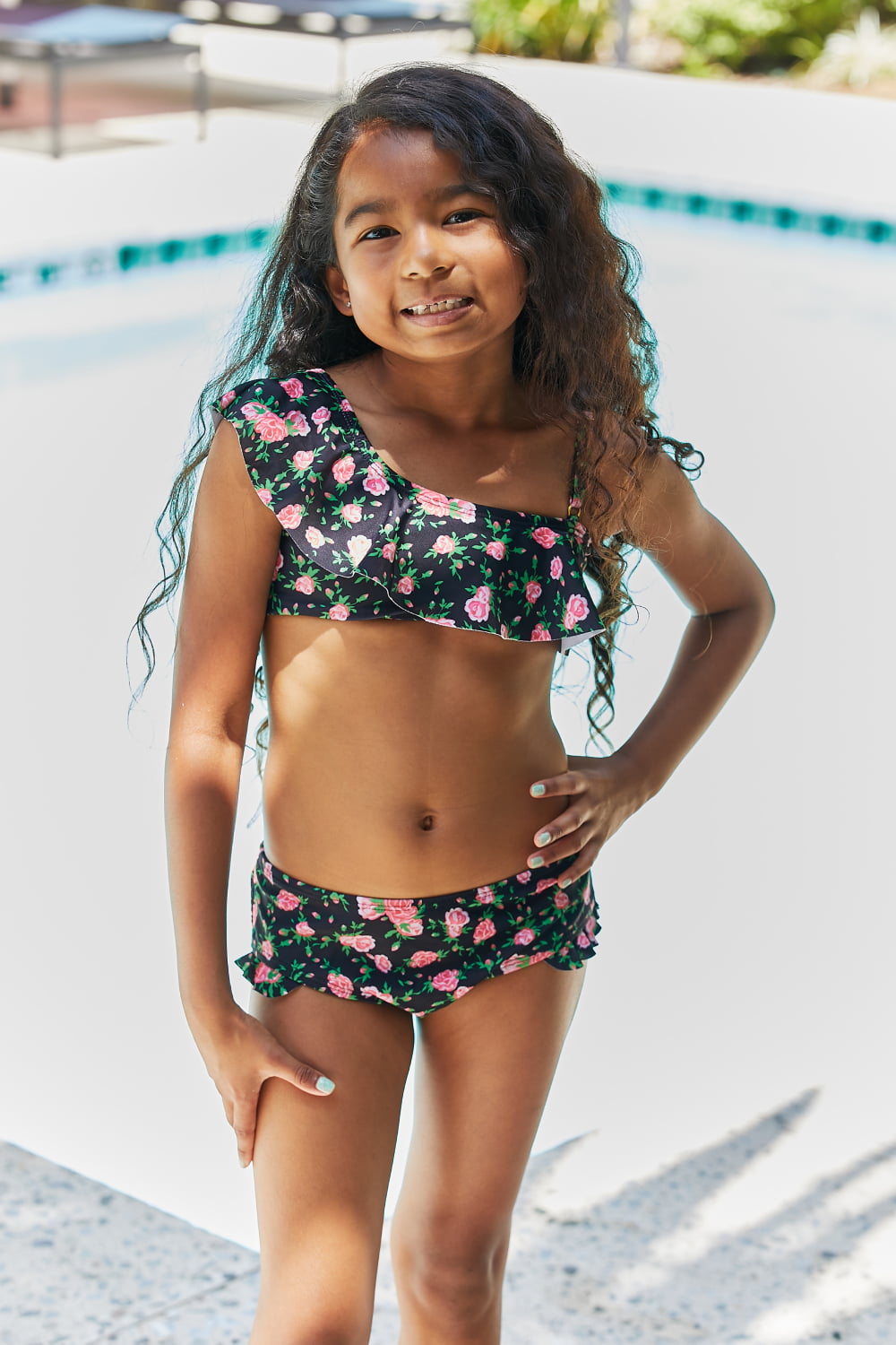 2 Piece Swimsuit With Shorts |Swim Set in Black Roses| The Cheeky Wink