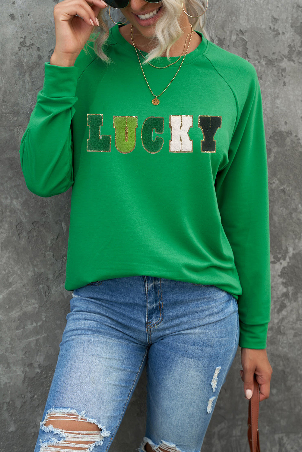 LUCKY Chenille Embroidered Graphic Sweatshirt by Threaded Pear