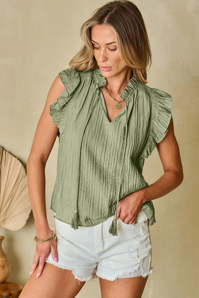 Keira V Neck Flutter Sleeve Textured Blouse by Threaded Pear - The Cheeky Wink