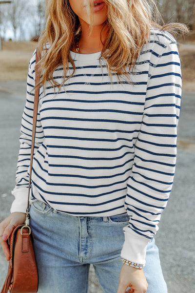 Hannah Striped Print Ribbed Trim Long Sleeve Top by Threaded Pear