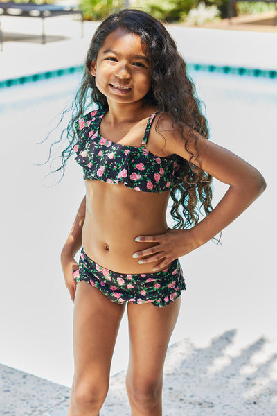 2 Piece Swimsuit With Shorts |Swim Set in Black Roses| The Cheeky Wink