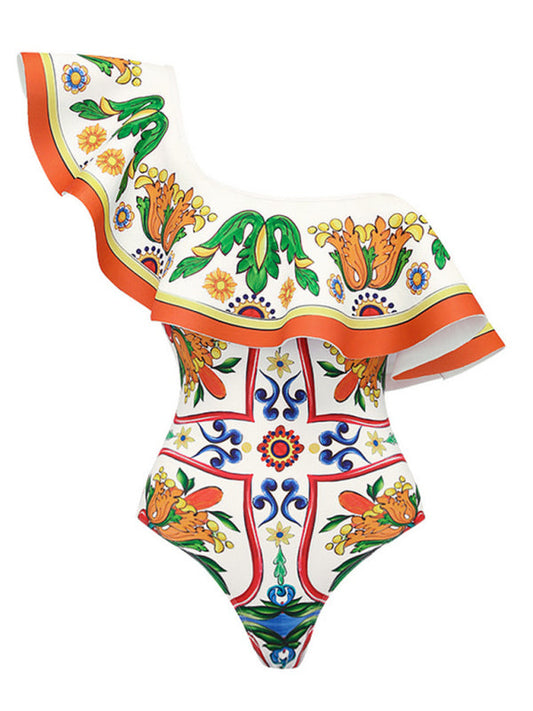 Women's Modern Ruffled Enamel Print Beach Resort Swimsuit Suit
