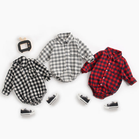 Baby Boy Plaid Pattern Buttoned Shirt With Pockets Long Sleeve Onesies In Autumn by MyKids-USA® - The Cheeky Wink