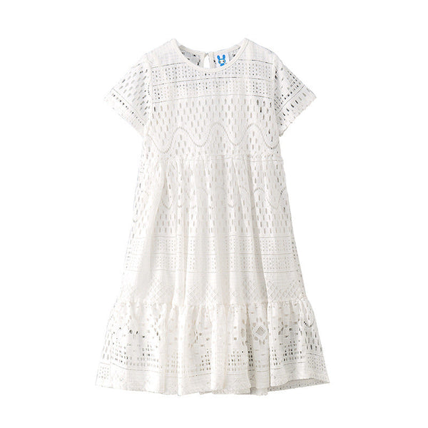 Girl Solid Color Hollow Carved Design O-Neck Gentle Dress by MyKids-USA® - The Cheeky Wink