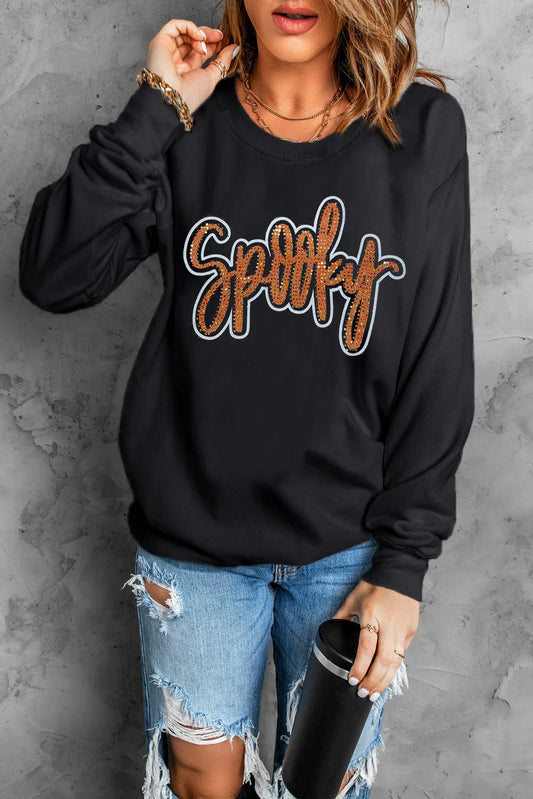 SPOOKY Rhinestone Round Neck Long Sleeve Sweatshirt - The Cheeky Wink