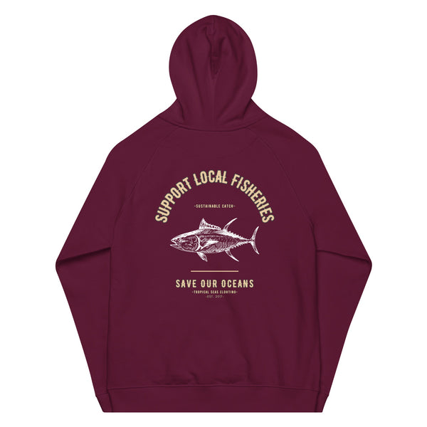 Men's Support Local Fisheries Tuna Eco Raglan Hoodie by Tropical Seas Clothing