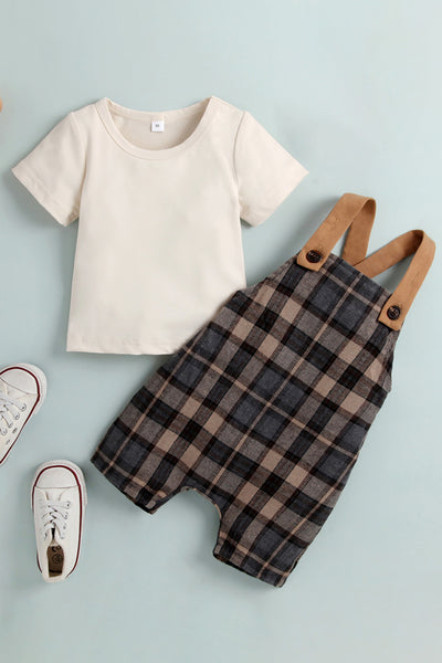 Baby Round Neck Tee and Plaid Overalls Set