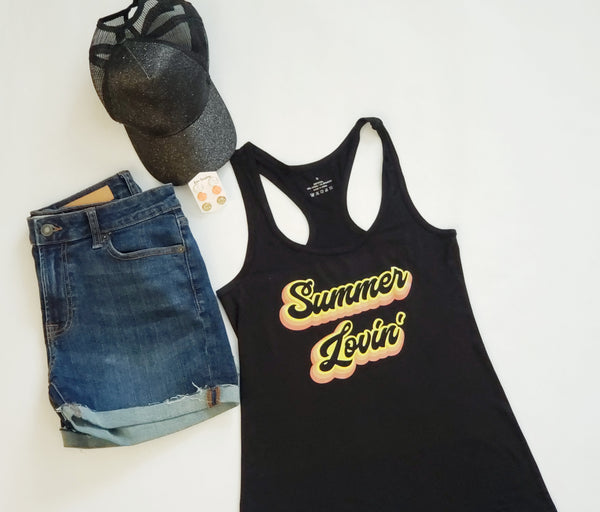 Retro Summer Lovin' tank top, Cotton Black tank top. - The Cheeky Wink