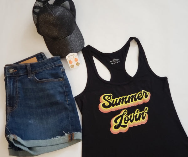 Retro Summer Lovin' tank top, Cotton Black tank top. - The Cheeky Wink