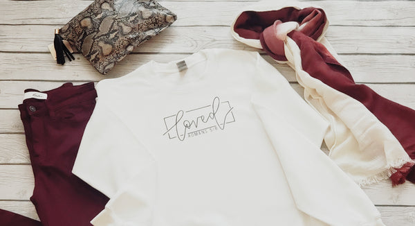 Loved Sweatshirt, Romans 5:8, Womens, crew neck, white cotton pullover sweatshirt. - The Cheeky Wink