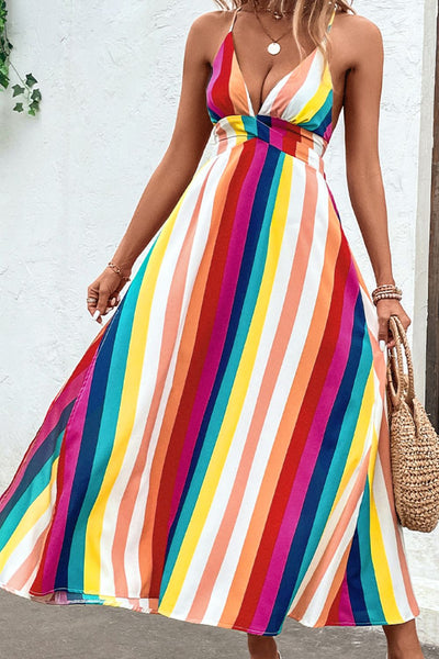 Multicolored Stripe Crisscross Backless Dress