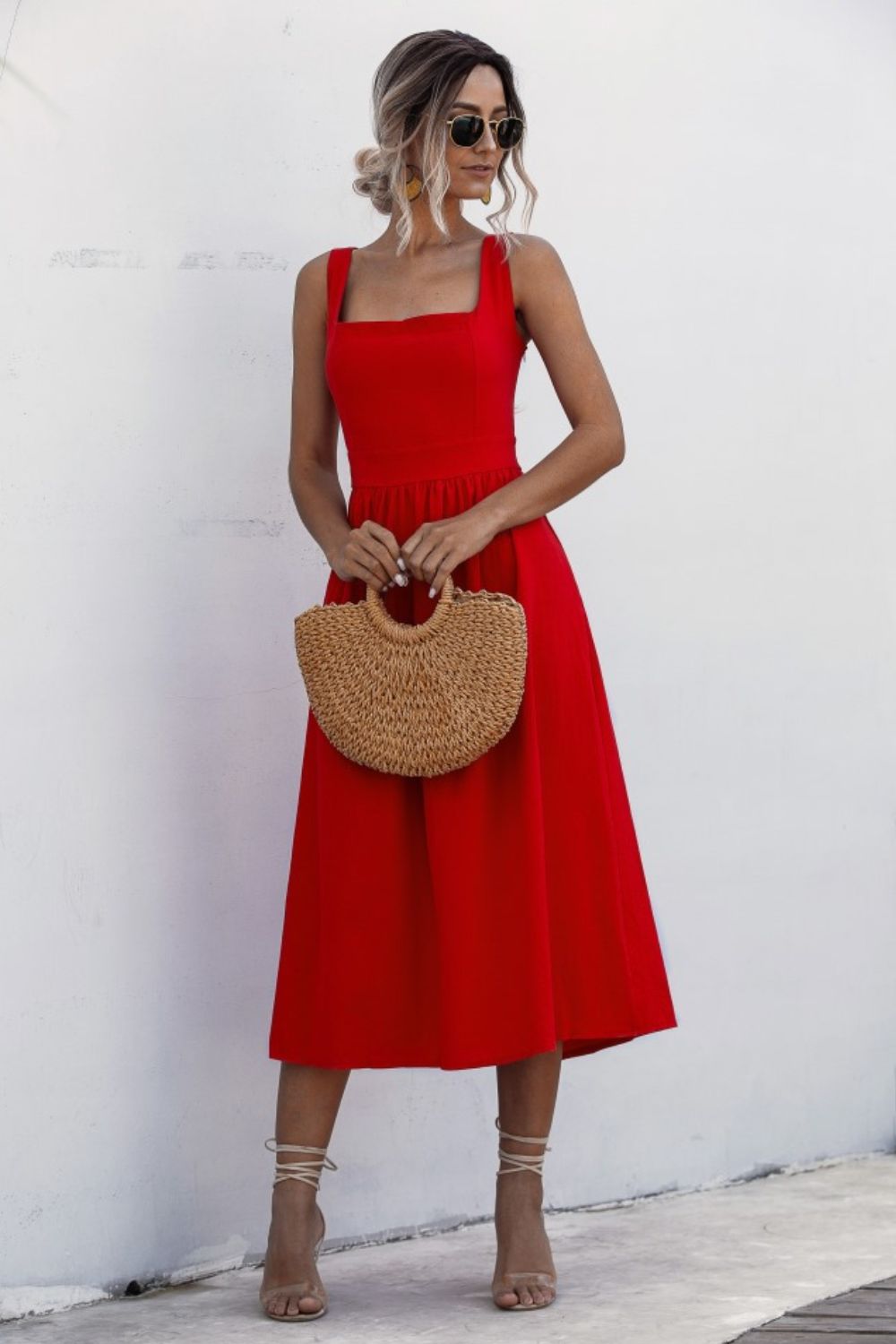 Square Neck Sleeveless Smocked Midi Dress