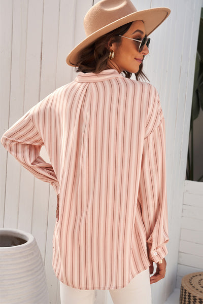 Striped Button-Up Dropped Shoulder Shirt