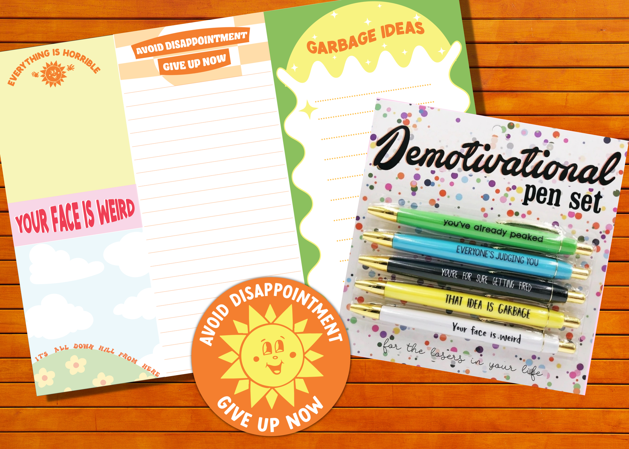 Demotivational GIFT SET. Pens & Notepad Humor Gifts - The Cheeky Wink