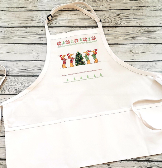 Dancing Dachshunds Apron. White Unisex Apron. Adult Apron with Pocket. - The Cheeky Wink