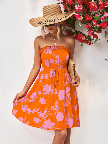 Floral Frill Trim Strapless Smocked Dress