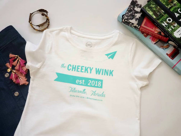 Girls Airplane Message T-shirt, Youth White Cotton Tee, Mint Green Design - The Cheeky Wink