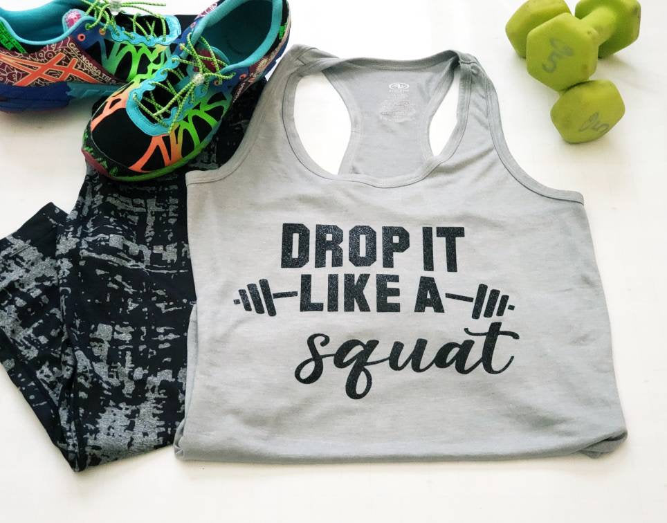 Ladies, fitness apparel, Drop it like a squat, cotton tank top, gym shirts, workout gear - The Cheeky Wink