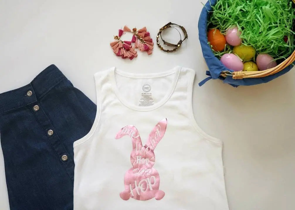 Girls Bunny Hip Hop T-shirt, Youth White Cotton Tee, Rose Gold Foil Easter Bunny Design - The Cheeky Wink