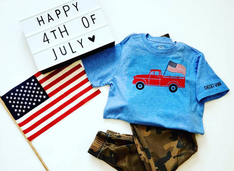 Fourth of July Patriotic Truck Tee. Cotton Holiday T-shirt. Available in unisex sizes. - The Cheeky Wink