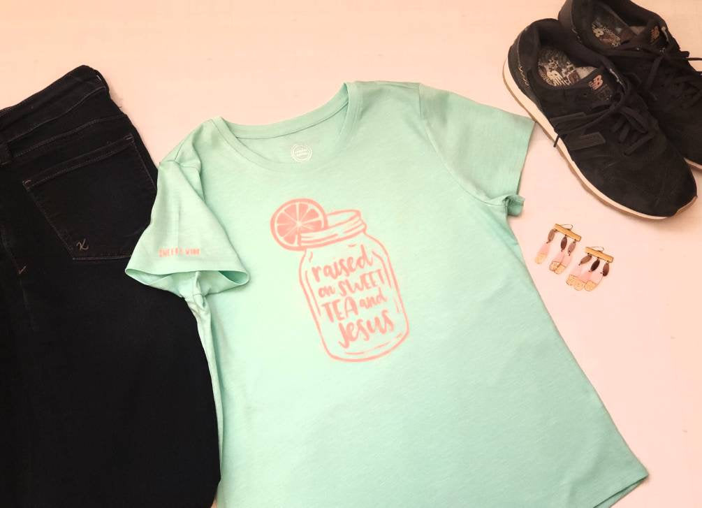 Mint Green Raised on Sweet Tea and Jesus Tee - The Cheeky Wink