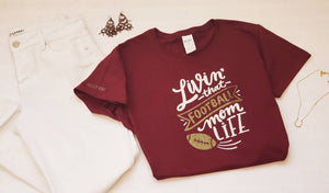 Maroon Crew Neck Cotton shirt with Livin' That Football Mom Life. - The Cheeky Wink