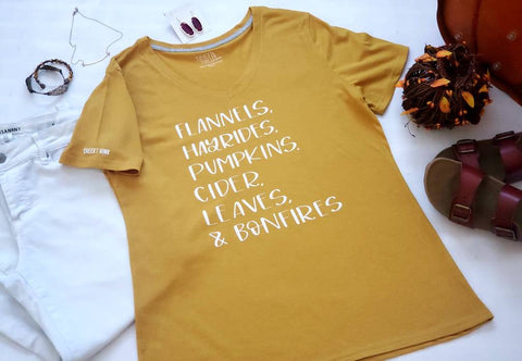 Fall Tee. Flannels, Hayrides, Pumpkins, Cider, Leaves and Bonfires Cotton T-shirt. - The Cheeky Wink