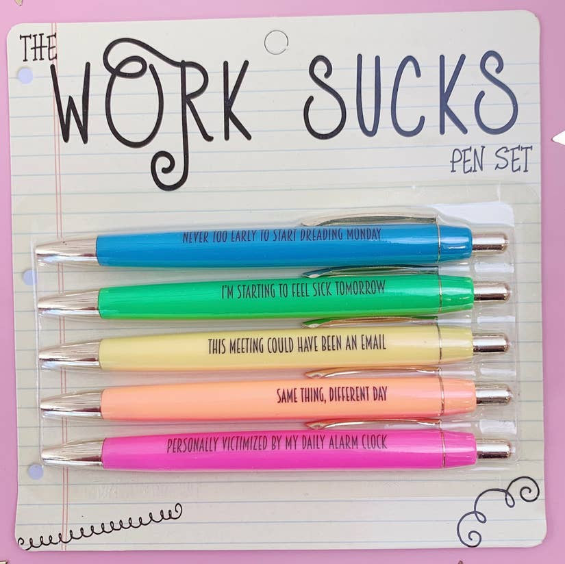 Work Sucks Ball Point Ink Pen Set. Funny Gifts. Office Stationery