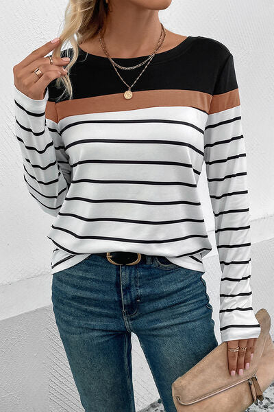 Striped Round Neck Long Sleeve T-Shirt Trendsi